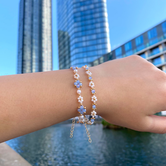 Beaded Flower Bracelet, 18K Gold Plated Bracelet, Blue Floral Bracelet, Aesthetic Flower Bracelet, Gift for Her, Birthday Gift