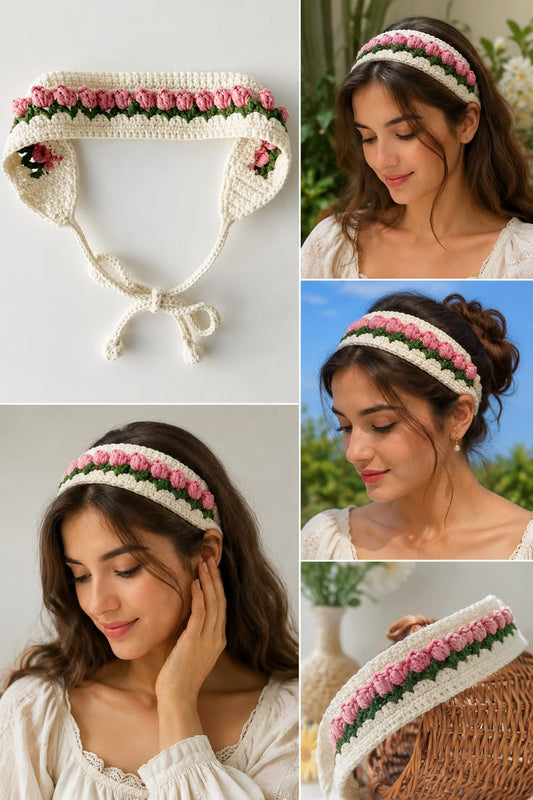 Handmade Crochet Floral Headband for Women & Girls | Knitted Hair Band Hair Accessory (RED)