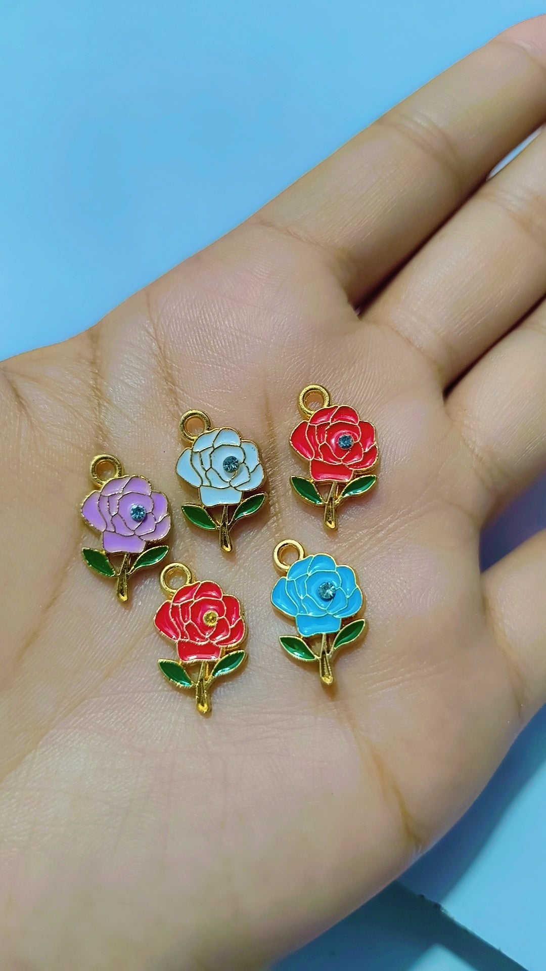 Light Gold Flower Alloy Pendants with Enamel and Rhinestone