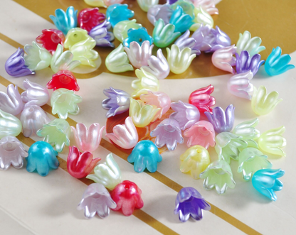 25 pcs Mixed Color Bell Shaped Flower bead caps, acrylic bead ends, Pearled Flower Cap Beads, pearled bell flower acrylic tassel caps,Jewelry Supply,11x8mm