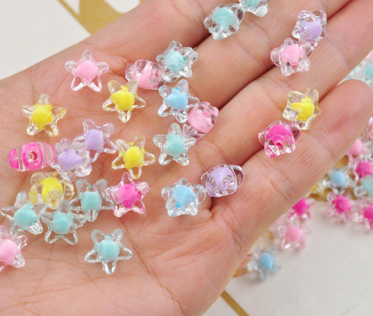 20pcs Multicolor Acrylic Star Beads, Clear With Pastel Centers Star Beads, (11mm)