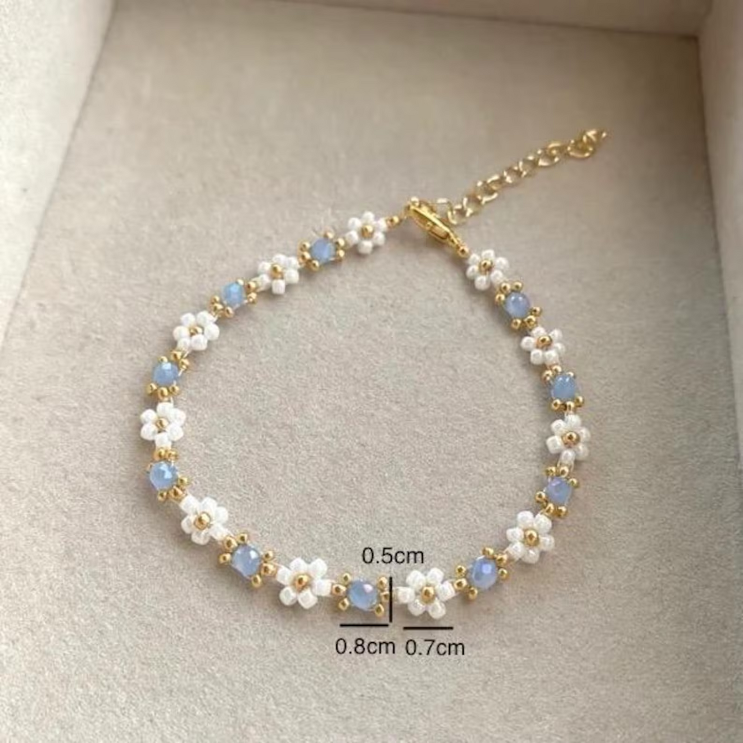 Beaded Flower Bracelet, 18K Gold Plated Bracelet, Blue Floral Bracelet, Aesthetic Flower Bracelet, Gift for Her, Birthday Gift