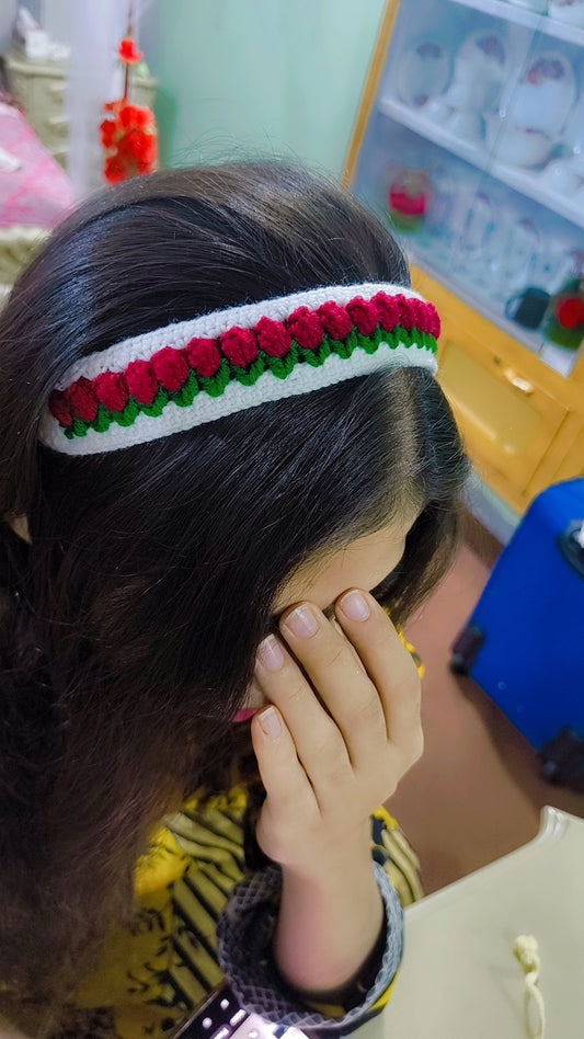 Handmade Crochet Floral Headband for Women & Girls | Knitted Hair Band Hair Accessory (RED)