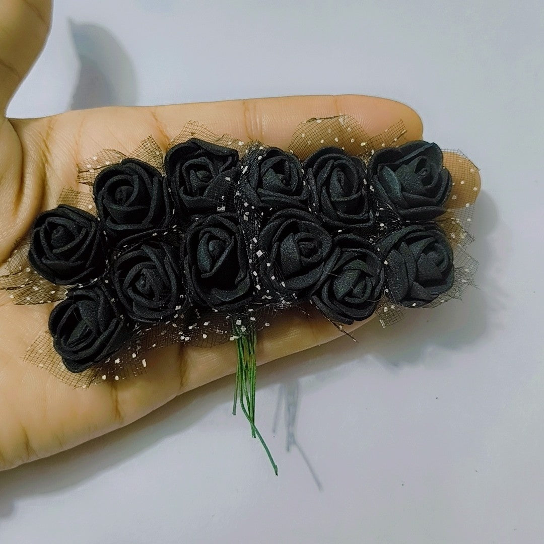12 Pcs 25mm Mini Foam Rose Flowers Small Artificial Rose Flower Heads Tiny Faux Flower Bouquet DIY Craft Foam Flowers Fake Wedding Floral Accessories for Bridal Shower Black