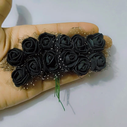 12 Pcs 25mm Mini Foam Rose Flowers Small Artificial Rose Flower Heads Tiny Faux Flower Bouquet DIY Craft Foam Flowers Fake Wedding Floral Accessories for Bridal Shower Black