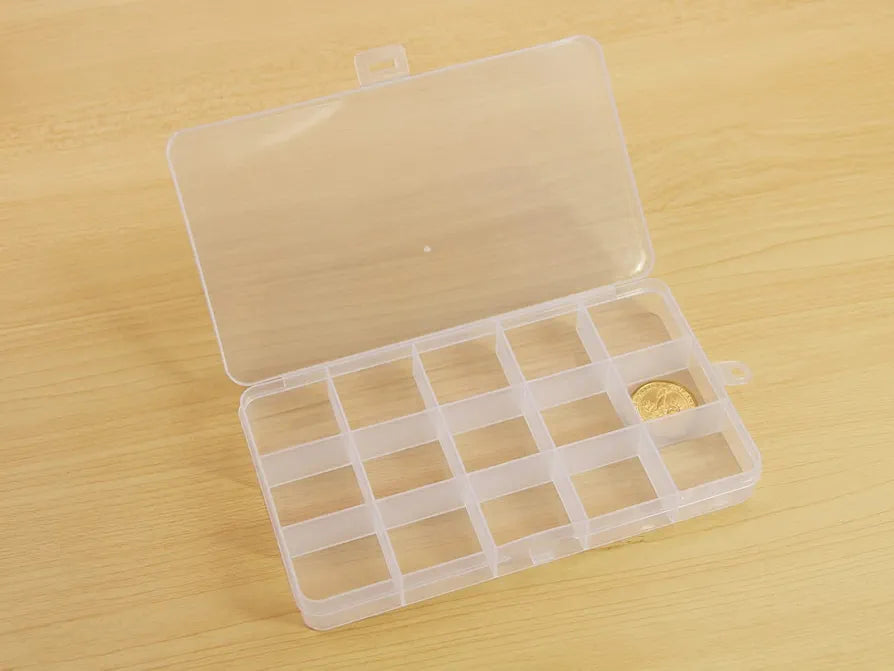 15 Grids Plastic Bead Organizer Box 6.8 * 3.86 * 0.87 inches Clear Storage Container Jewelry Case with Fixed Dividers for Rings, Earrings, Nail Art, DIY Crafts, Fishing Tackles