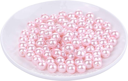 100Pcs Glass Pearl Beads Assorted Colors Loose Spacer Round Czech Tiny Satin Luster Handcrafted Beading Assortments DIY Craft Bracelets Beads for Jewelry Making (Light Rose Pink, 8mm)
