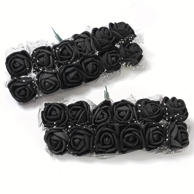 12 Pcs 25mm Mini Foam Rose Flowers Small Artificial Rose Flower Heads Tiny Faux Flower Bouquet DIY Craft Foam Flowers Fake Wedding Floral Accessories for Bridal Shower Black