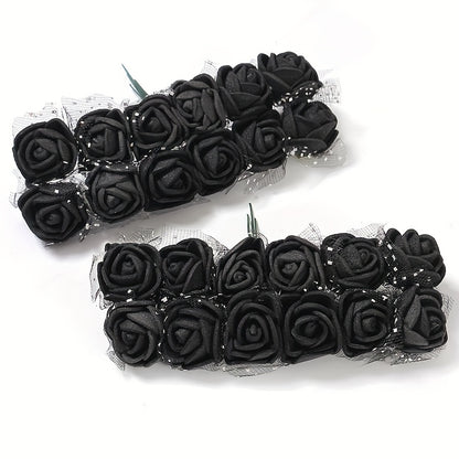 12 Pcs 25mm Mini Foam Rose Flowers Small Artificial Rose Flower Heads Tiny Faux Flower Bouquet DIY Craft Foam Flowers Fake Wedding Floral Accessories for Bridal Shower Black