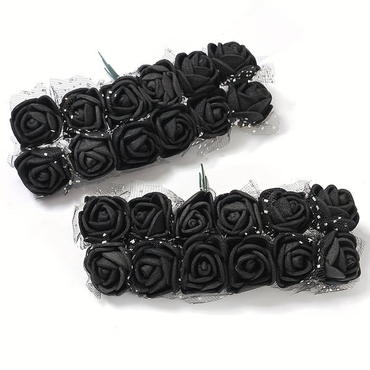 12 Pcs 25mm Mini Foam Rose Flowers Small Artificial Rose Flower Heads Tiny Faux Flower Bouquet DIY Craft Foam Flowers Fake Wedding Floral Accessories for Bridal Shower Black